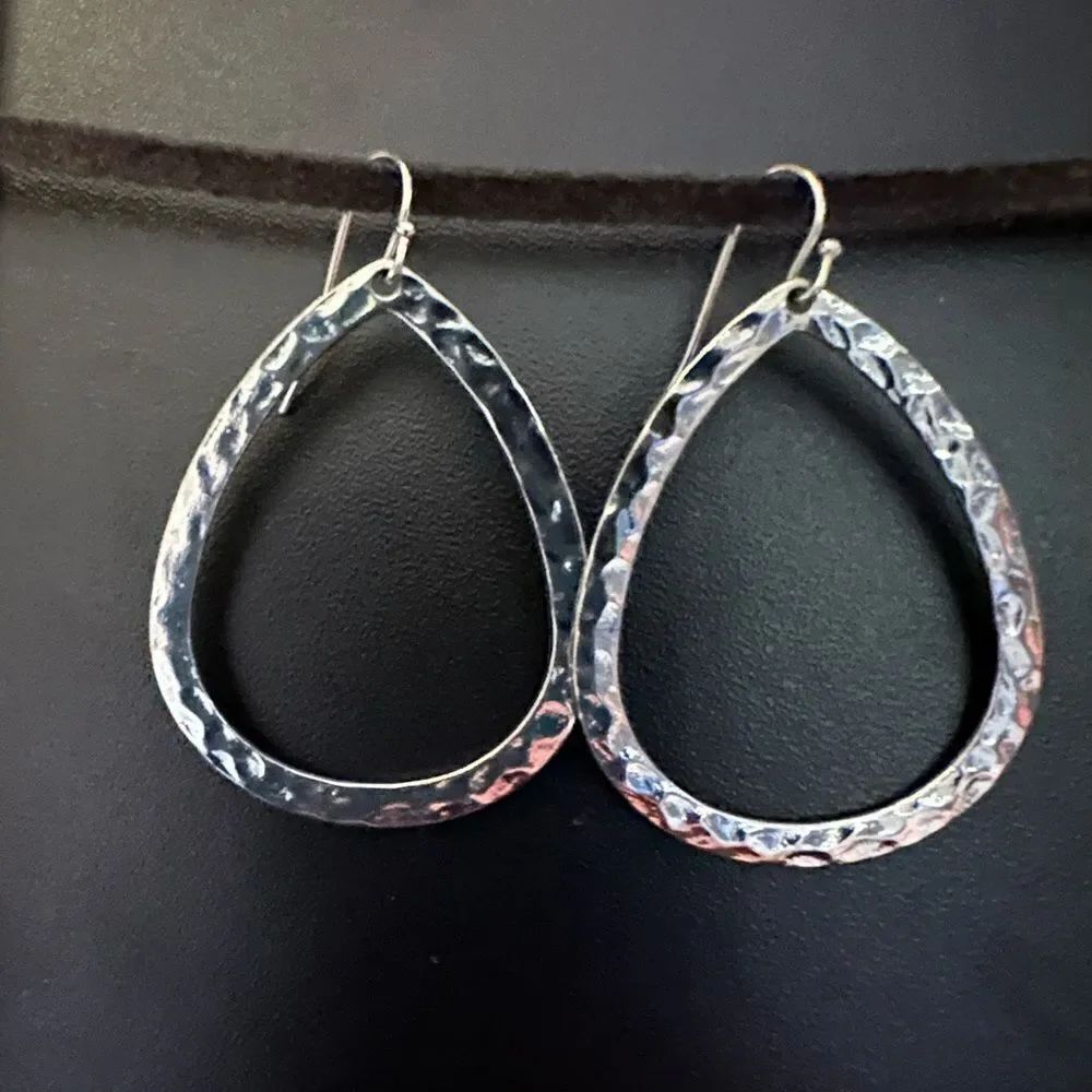 Silver Hammered Teardrop Hoop Earrings